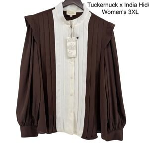 Tuckernuck x India Hicks Womens 3XL Brown Cream Pleated Ruffle Blouse Top NWT